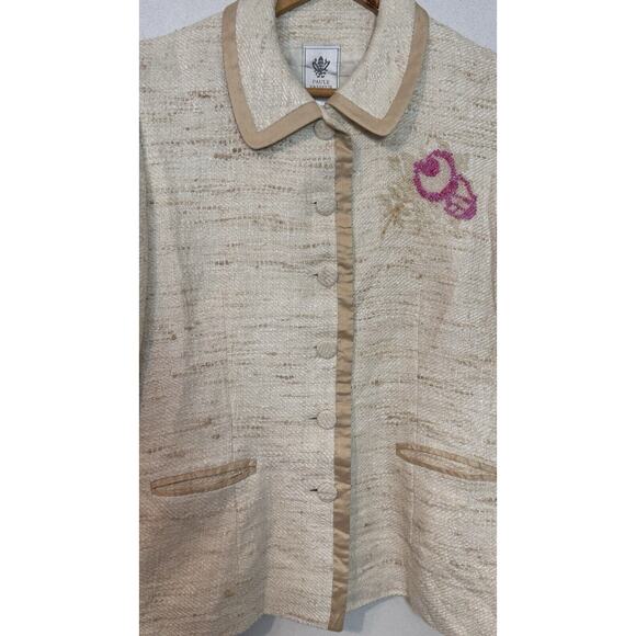 Paule Vasseur Lulu Beige Tweed Beaded Floral Blazer Silk Jacket Formal 44/ 12 US - Picture 3 of 11